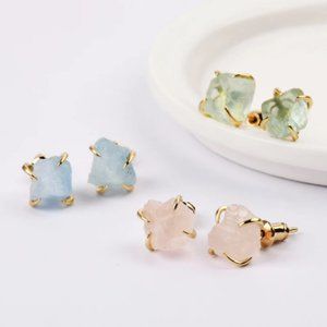 Raw Healing Crystal Earrings, 18K Gold Gemstone Stud Earrings for Women, Healing